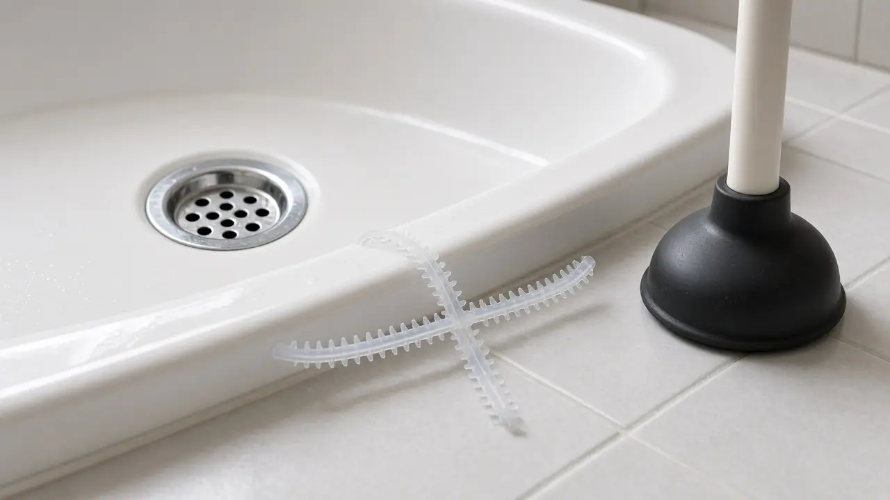 White bathtub drain with a plastic drain snake and a plunger on the tile floor