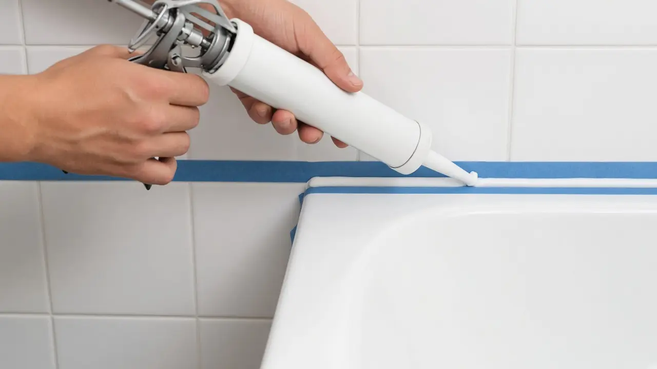 Hands applying white silicone caulk along a bathtub joint between painter's tape lines