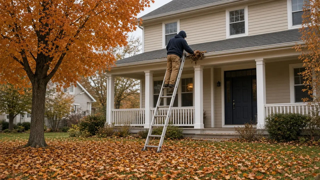 Person on a ladder cleaning leaves from gutters on a house in autumn