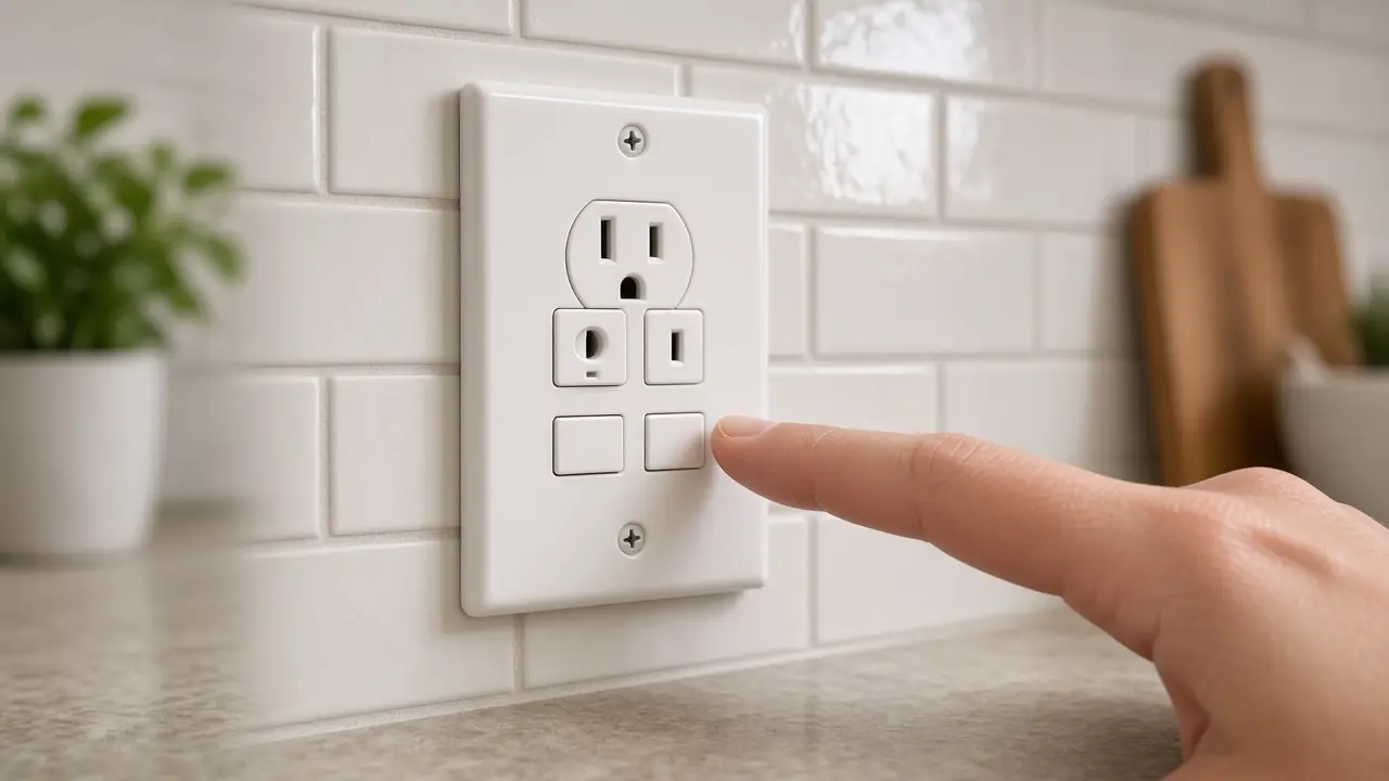 Finger about to press the reset button on a white GFCI outlet on a kitchen backsplash