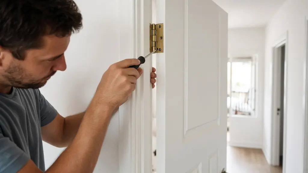 Person tightening a top hinge screw on a white interior door with a screwdriver