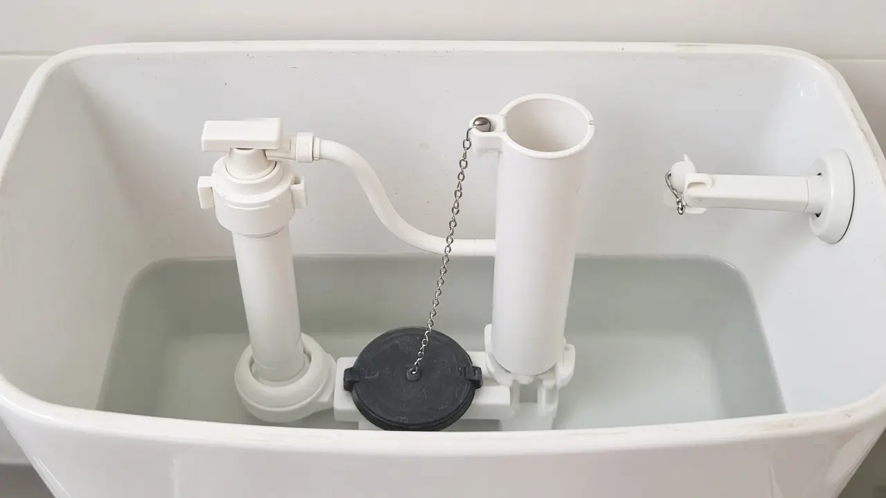 Open toilet tank showing the fill valve, overflow tube, chain and flapper