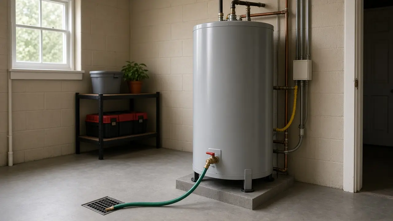 Tank water heater in a basement with a garden hose attached to the drain valve